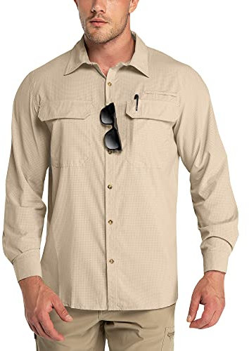 Outdoor Ventures Men's Long Sleeve Shirts UV Protection Outdoor Shirts Breathable Button-Down Shirt Wicking Quick Drying Safari Shirt with Pockets for Hiking Fishing Golfing, Khaki, M