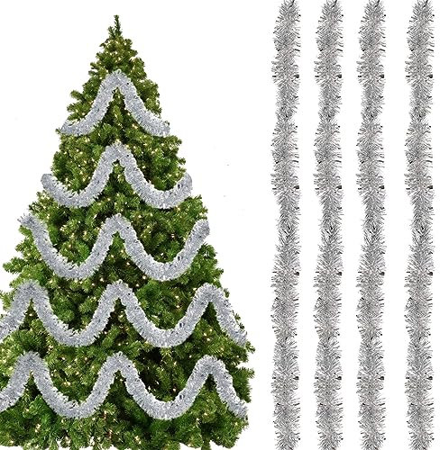 YEAP 4 Stück Weihnachtsbaum Lametta, Weihnachten Lametta Girlande, Lametta Baumschmuck, Glänzend Lametta Girlande, Hängende Dekorationen für Weihnachten Ferien Indoor Outdoor, Je 2m, Silber