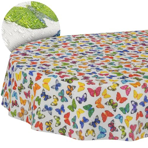 ANRO Tischdecke abwaschbar Bunte Schmetterlinge oval 180x140 cm In-/Outdoor | Tischwäsche aus beschichtetem Stoff – schmutz- & wasserabweisend, pflegeleicht – waschbar bei 30 °C