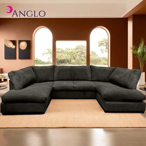Generic U Shaped Cord Sofa - Back Cushion Sofa with Memory Foam Seating & Removable Covers - Versatile for Living Room, Bedroom, Office (Black, Full Back)