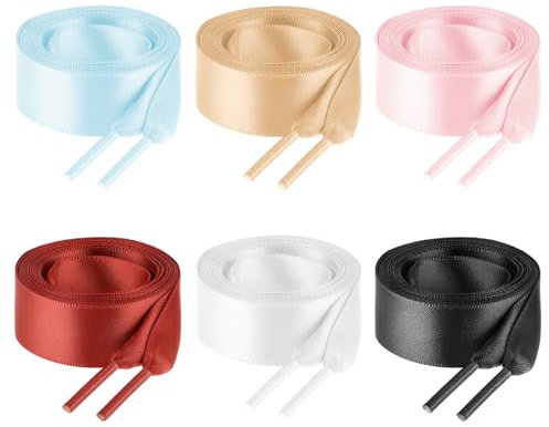 Teaaha 6 paia di lacci da donna e ragazza, 119,4 cm, piatti, alla moda, in morbido raso di seta, lacci per scarpe da ginnastica, scarpe da skate, stivali, scarpe sportive (6 colori), Nero Bianco