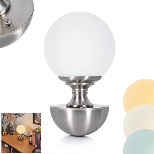 LED Tischleuchte Lakolk, dimmbare Tischlampe aus Metall/Kusntstoff in Nickel-matt/Milchglas, Tischleuchte mit Touchdimmer, USB-C Anschluß, An-/Ausschalter, Akku, 2,5 Watt, 243 Lumen, 2700-6500 Kelvin