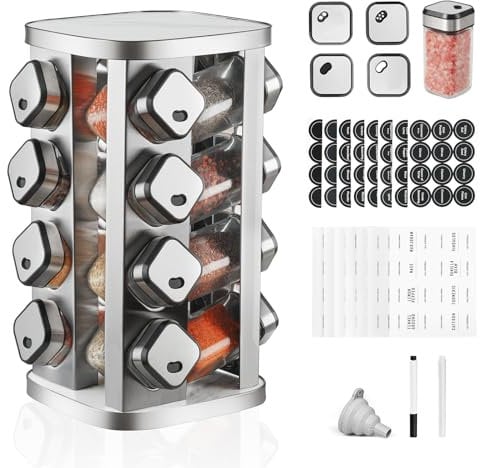 FRIBERG Rangement Epices Cuisine,Présentoir à Épices à 360° avec 16 Pots à Épices-Couvercle Rotatif, 3 Modes de Sortie,Carrousel à épices,Avec Entonnoir, Autocollant, Stylo et Brosse de Nettoyage