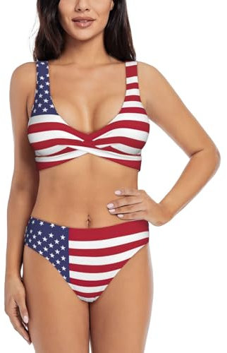 Maillot de bain femme imprimé drapeau américain, ensemble bikini taille haute, maillot de bain sport deux pièces, Noir , XL