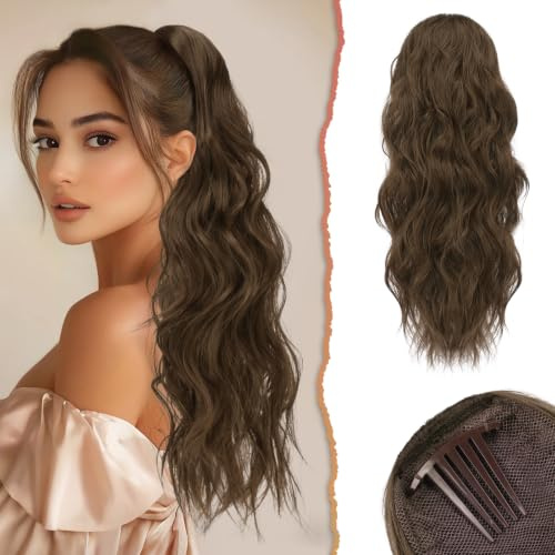 Sofeiyan Zopf Extension,60 cm Ponytail Extension Comb Clip in | Gewellt Pferdeschwanz Haarteil mit Kordelzug,Synthetisch Haarteile Pferdeschwanz für Frauen,Hellbraun