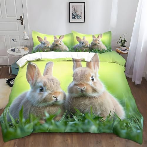 Grastier Kaninchen Bettwäsche 135x200 cm Bettwäsche 3er Set Weich Gemütlich Feuchtigkeitstransport Grün Bettwäsche Set für Erwachsener Kinder Schlafzimmer
