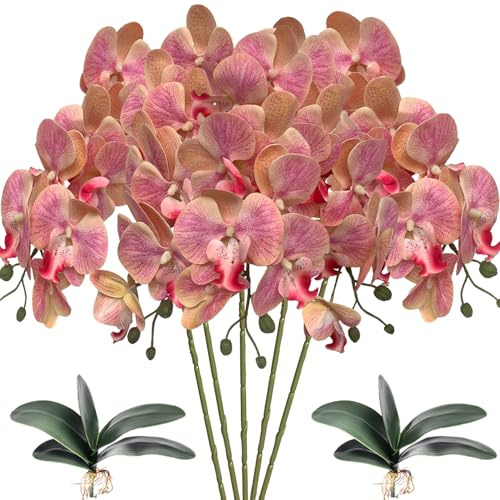 HinyoCo 5 Pz Fiori Orchidea Finta Ramo Artificiali Phalaenopsis Fiori Orchidea con 2 Pz Foglie per Casa Decorazione (Rosa)