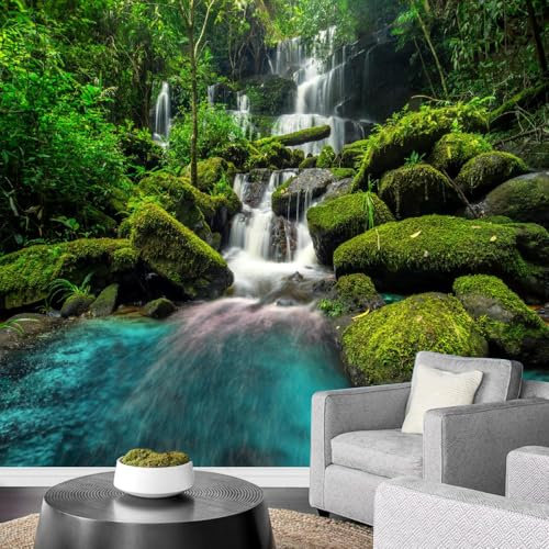 Peinture murale forêt tropicale cascade jungle feuilles vertes art printemps vert Wallpa r photo pour salle à manger, cuisine, maison 500 x 305 cm