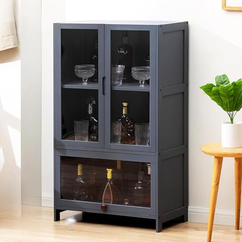 MBBTAG Glasvitrine stehend, sammlervitrine, Bambus, barschränke, große kapazität, spirituosen schrank, Schranktür aus Acryl, wohnzimmerschränke, Kann als bücherschrank/display cabinet/küchenvitrin(Nat