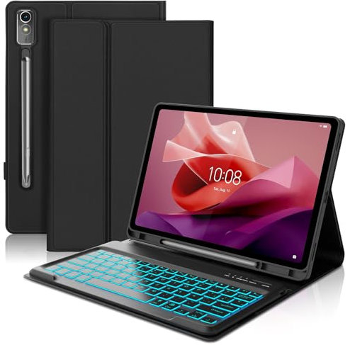 WAVATA Funda con Teclado para Lenovo Tab P12 12.7 Pulgadas 2023, Teclado Español Ñ para Lenovo Tab P12 12.7 TB370FU 2023 Bluetooth Desmontable Retroiluminado, Negro