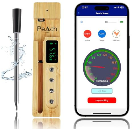 PeachStreet Termometro Senza Fili per Carne,Termometro Senza Fili per Barbecue Bluetooth con Schermo LED,Connessione a Lunga Distanza 150M,Migliore Stabilità,IP68 Impermeabile,Cucina,BBQ,Forno