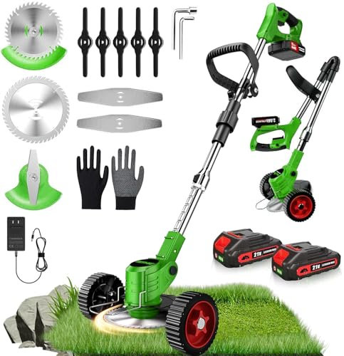 Tagliaerba elettrico, 24 V, con 3 tipi di lame, 2 batterie da 2000 mAh, tagliaerba elettrico 4 in 1, per trimmer elettrico per cortile, giardino