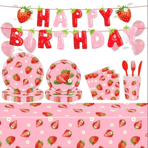 Erdbeer Partygeschirr Set für 10 Gäste – 50-teiliges Pappteller 9/7, PappTassen, Servietten – Erdbeere Deko Kindergeburtstag Mädchen Frühling Sommer Mottoparty Picknick Partyset