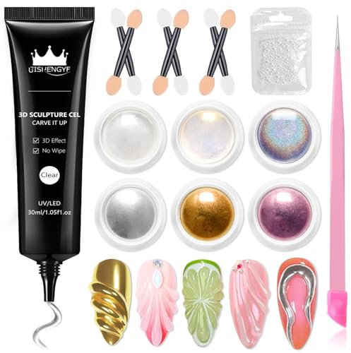BISHENGYF 3d Nail Gel: 30g No Wipe Clear 3d sculpting nail gel and Mirror Effect Rose Gold chrome nail powder,6Pcs Glassy Yellow Aurora pearl chrome nail powder,5D Carving for Nail Art(Silver/Laser)