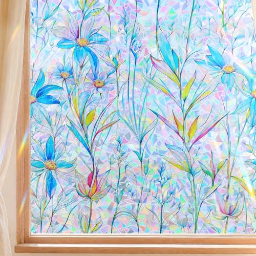 FINNEZ Window Film - Self-adhesive Static Film Colorful Opaque Privacy Film, Anti-UV Rainbow Optics with Blue Flowers Motif, Decorative Film for Living Room Kitchen Office,44.5 x 400 cm