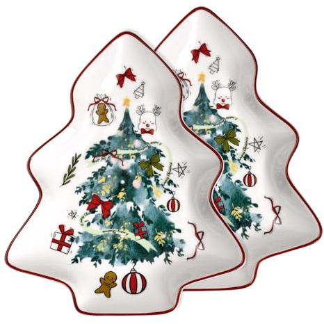 6 Inch Holiday Tree Shape Ceramic Dessert Plates, New Bone Porcelain Christmas Serving Tray Platter Dish with Watercolor Christmas Decoration, for Snack Cookies and Candy, Set of 2, Green Xmas Tree