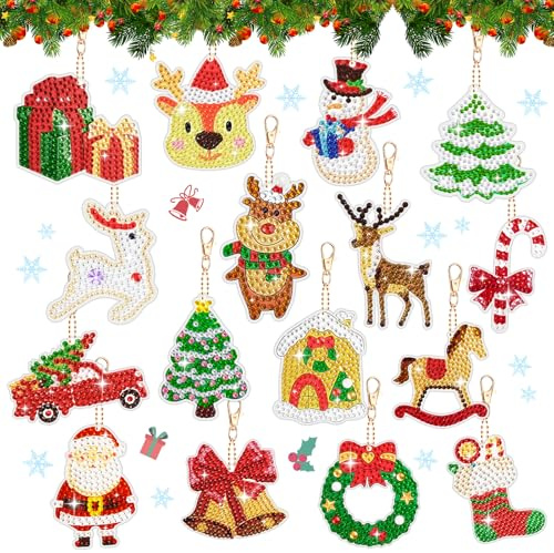 Koxtyzo 16 Stück Diamond Painting Weihnachten Anhänger, Doppelseitige Diamond Painting Schlüsselanhänger, DIY 5D Diamant Malerei Bastelset für Kinder, Geschenkanhänger Fenster Weihnachtsbaum Deko
