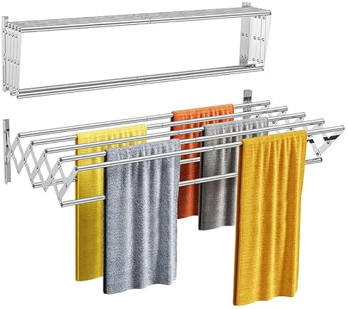 Wäscheständer Wandmontage Edelstahl, Wäschetrockner Wand ausziehbar | Trockenstände mit 7 Stangen, Handtuchhalter 43-80cm, bis 36,3 kg Tragkraft für Bad, Balkon, Waschraum, Platzsparend