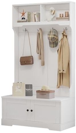 muenfly Multifunktionale Garderobenschrank Flur Weiß - Vorzimmer Möbel Set mit Sitzbank, 4 Haken & 2 Ablagefächern, Garderobenset Wandgarderobe Flurmöbel für (101.5x183cm) als Kleider, Schuhspeicher