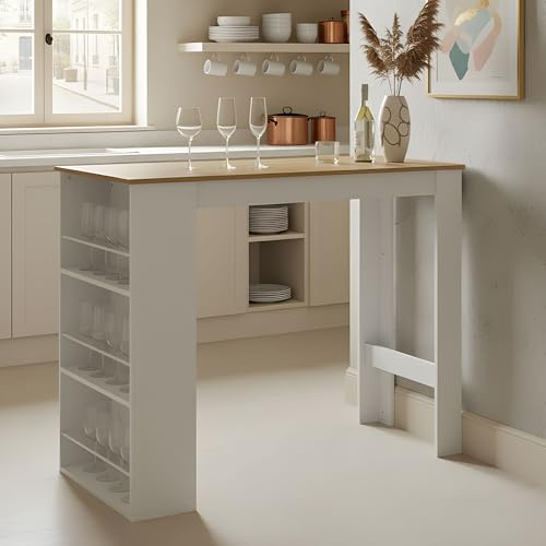 buybyroom Bartisch mit Stauraum, Küchentheke mit 4 offenen Regalen, Stehtisch für Küche, Wohn- und Esszimmer, 112 x 57 x 106 cm, Weiß/Dunkleiche