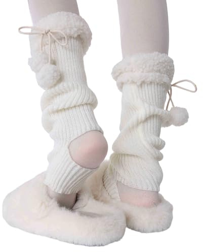 ZYKEJJDDAK Dam Lolitas stickade långbenstrumpor stigbyglar benvärmare vinter varma ankelstrumpor söta benskydd med plyschboll vinter fotskydd, Vitt, one size