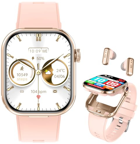 UYRGT 2 in 1 Smart Watch with Earbuds for Men Women,2.02'' Full Touch Screen, Answer/Make BT Calls & Music, (Rose Gold)