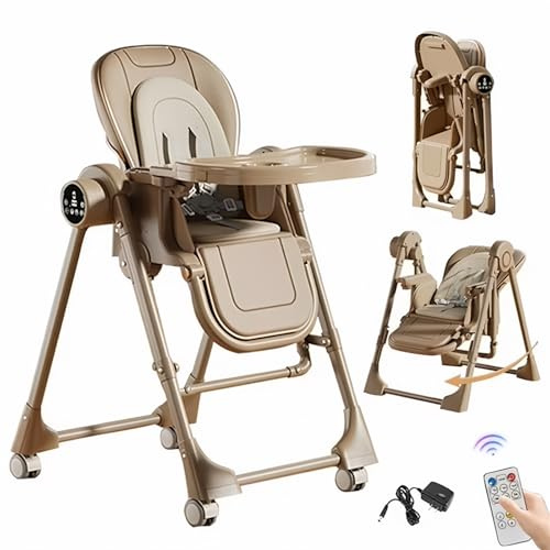 Aveainelle PU-Leder Faltbarer Baby hochstuhl mit Schaukelfunktion, 5 Höhen 3 Liegepositionen, Umwandelbarer kinderhochstuhl mit Abnehmbaren Doppeltabletts und Rädern für Kleinkinder (Khaki)