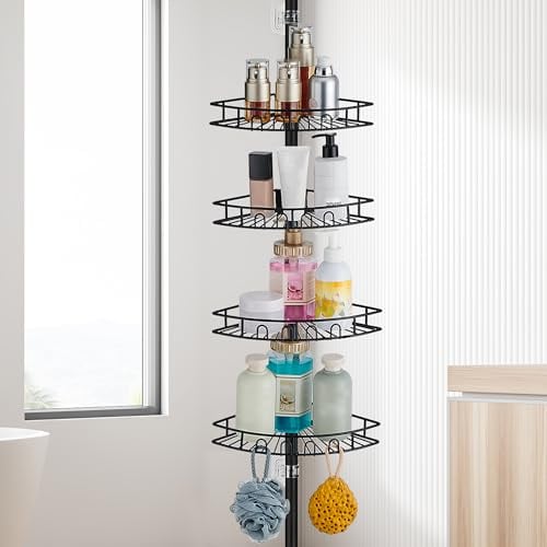 ASKLUND Estanteria Baño Telescopica Estante Ducha Esquina sin Taladro Acero Inoxidable con 4 Bandejas, Ajustable 85-325cm, para Bañera, Cuarto de Baño, Ducha y Cocina, Negro