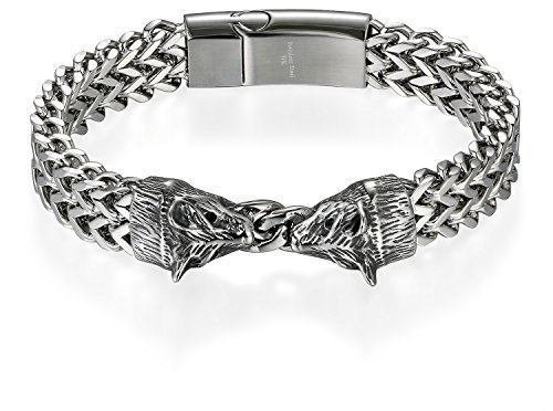JewelryWe Schmuck Herren Armband Edelstahl Doppelt Wolf Kopf Armbänder Armschmuck, Magnetverschluss, Silber