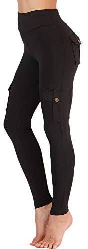 Nuofengkudu Damen High Waist Sporthose Leggings mit Taschen Militärisch Stil Stylisch Push up Tights Hosen Jogginghose Sportleggins Schwarz XL