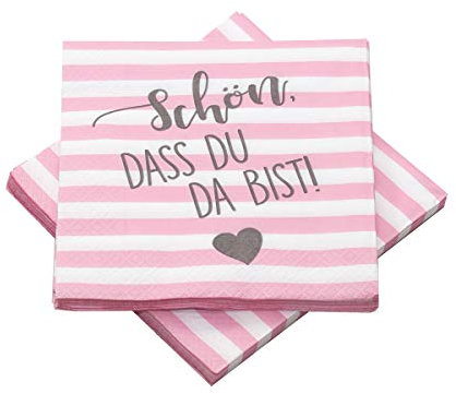 20 Servietten Streifen 'Schön, dass du da bist!' 33x33 cm - rosa weiß grau - für Hochzeit, Geburtstag, Taufe
