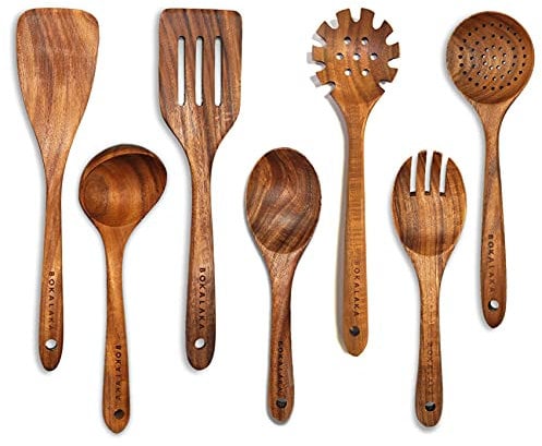 Lot de 7 Cuillères et Spatules en Bois de Teck pour la Cuisine - Ustensiles de Cuisine