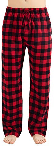 JTPW Men's 100% Cotton Flannel Sleep Pajama Pants With Pockets, Black Red Check, Size: S