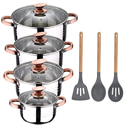 Bateria de cocina 8 piezas apta para induccion SAN IGNACIO Altea en acero inoxidable con set de 3 utensilios de cocina en silicona Daimiel