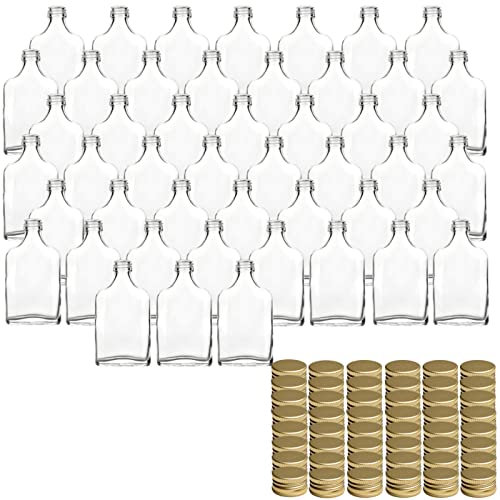 gouveo Lot de 48 bouteilles en verre flasque 40 ml avec bouchon à vis doré - mini bouteille 0,04 l à remplir - bouteilles en verre pour liqueur, whisky ou comme cadeau (FF040G)