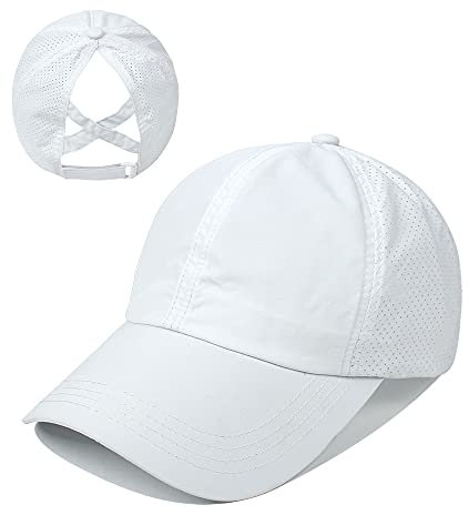 Damen Criss Cross Pferdeschwanz Baseball Cap Schnell Trocknend Mesh Baseball Hut, Weiß, 7/7 1/4