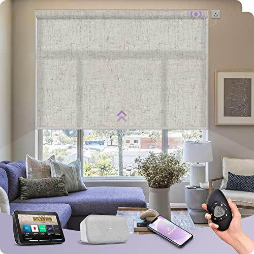 Graywind Customized Smart Semi Sheer Roller Blinds, Wifi Hardwired Electric Light Filtering Blinds for Windows Compatible with Alexa Google, Cordless Motorized Shades with Remote, Linen Beige