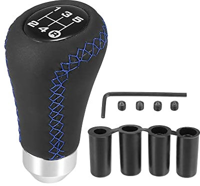 X AUTOHAUX Auto Schaltknauf 5 Gang Schwarz aus PU Leder mit Blau Stichen