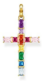 Thomas Sabo Damen Ketten Anhänger Kreuz, mit mehreren bunten Zirkoniasteinen, 925er Sterlingsilber geschwärzt und 750er Vergoldung, Maße: 42 x 23 mm, PE939-996-7