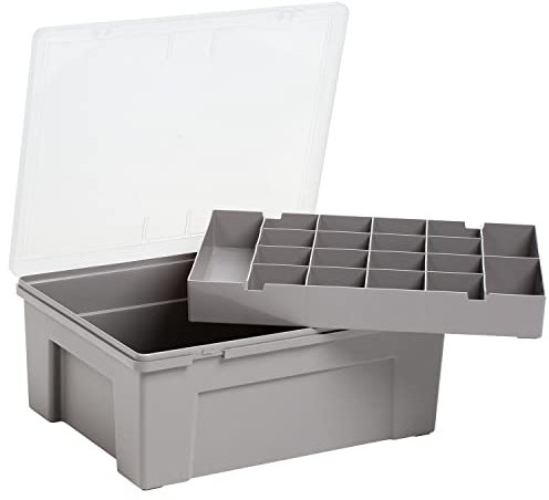 Wham 5.04.01 38cm Plastic Organiser Box with 19 Division Tray, Soft Grey