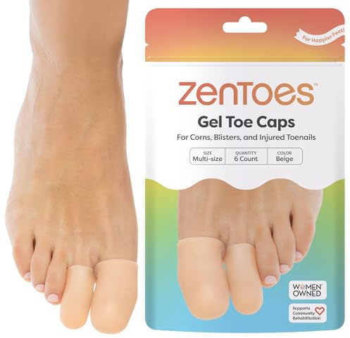 ZenToes Gel Toe Caps – Silicone Toe Protectors for Cushioning & Nail Coverage – Relief from Missing or Ingrown Toenails, Corns, Blisters or Hammer Toes, Reusable Daily Wear, 6 Pack (Variety, Beige)