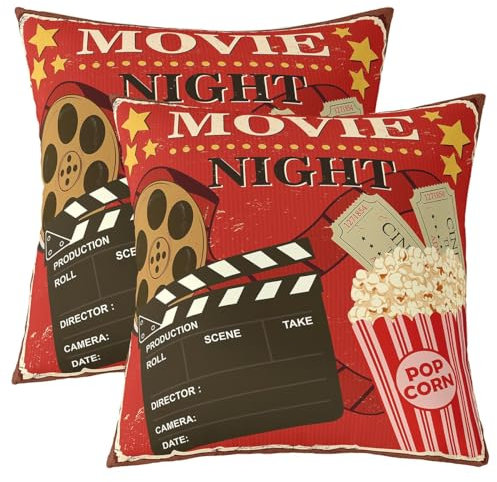 Vintage Movie Theater Throw Pillow Covers For Sofa Couch Grunge Red Cinema Popcorn Pillow Covers,Movie Night Filmstrip Cushion Covers,Cinema Ticket Film Decorative Pillow Covers,22x22 Set of 2