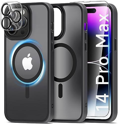 Mootobo 4 in 1 Magnetic Case for iPhone 14 Pro Max Compatible with MagSafe, Translucent Frosted Back Scratchproof Dropproof Case with 2 Pack Screen Protector + Lens Protector 6.7 inch - Black