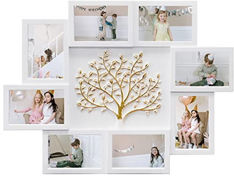 HELLO LAURA Bilderrahmen, Collage, großer Wandbehang, eleganter Baum-Collage-Rahmen, Geschenke für Familie und Freunde, 10,2 x 15,2 cm, Heimdekoration, Galerie-Display (Weiß – Goldbaum)