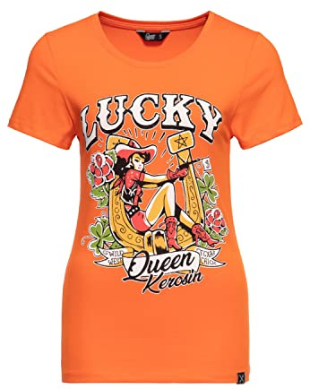 Queen Kerosin Damen Print T-Shirt Kurzarmshirt Vintage Shirt Slim Fit Frontprint Retro Pin-Up Texas Wild West Lucky 50S Lucky