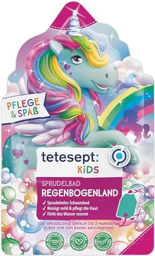 tetesept KIDS Sprudelbad Regenbogenland mit fruchtigem Duft - Kinder Badspaß mit sprudelndem Einhorn-Schaum – bunter Badeschaum und farbiges Wasser – 15 x 40 g