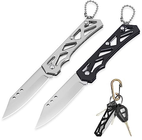 YiMai 2 Piezas Navaja Plegable, Pequeño Navaja de Bolsillo EDC, Cuchillo Plegable con Llavero para Cortar Frutas, Acampar, Picnic, Pesca (Negro^Plateado)