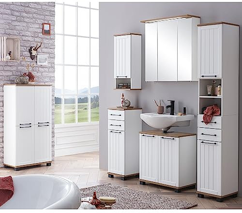 Lomadox Badezimmer Set im Landhaus-Stil, weiß matt mit Eiche Nb., 6-teilig | 1 Badschrank, 1 Badkommode, 1 Waschbeckenunterschrank, 1 Spiegelschrank mit LED, 1 Hängeschrank, 1 Hochschrank