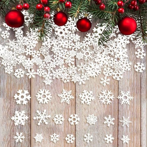 QINERSAW 150 PCS Flocon de Neige Decoration en Bois Ornements de Flocon de Neige en Bois Décorations de Noël pour Sapin Flocon de Neige à Suspendre Décoration de Noël en Bois pour Arbres de Noël