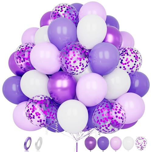 Purple White Balloons, 60 pcs 12 Inch Pastel Matte Lilac White Metallic Lavender Confetti Latex Balloons with Ribbon For Women Birthday Baby Shower Wedding Anniversary Gender Reveal Party Decoration